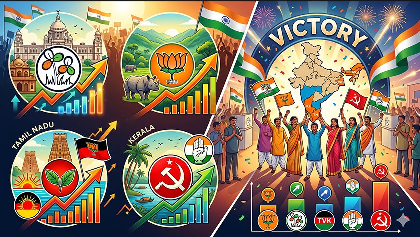 Election Results 2026: પશ્ચિમ બંગાળમાં BJP અને તમિલનાડુમાં સુપરસ્ટાર વિજયની પાર્ટી TVKની મજબૂત લીડ, જાણો લેટેસ્ટ ટ્રેન્ડ્સ
