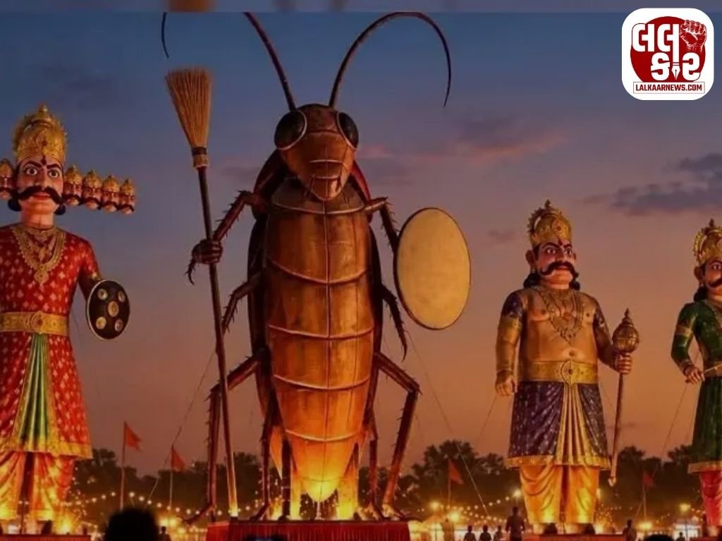 દિલ્હી રામલીલામાં અનોખી ઘટના: રાવણ, મેઘનાદ અને કુંભકર્ણ સાથે સળગાવવામાં આવ્યું ૩૦ ફૂટનું કોકરોચ!